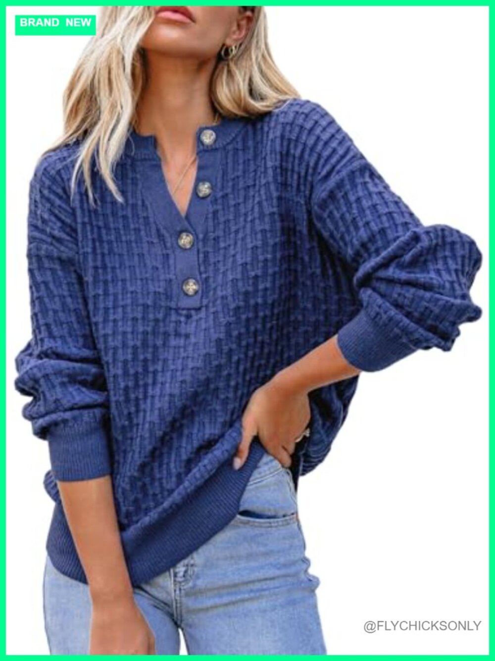 Womens Textured Knit V-Neck Button Sweater Long Sleeve Loose Fit Fall Jumper